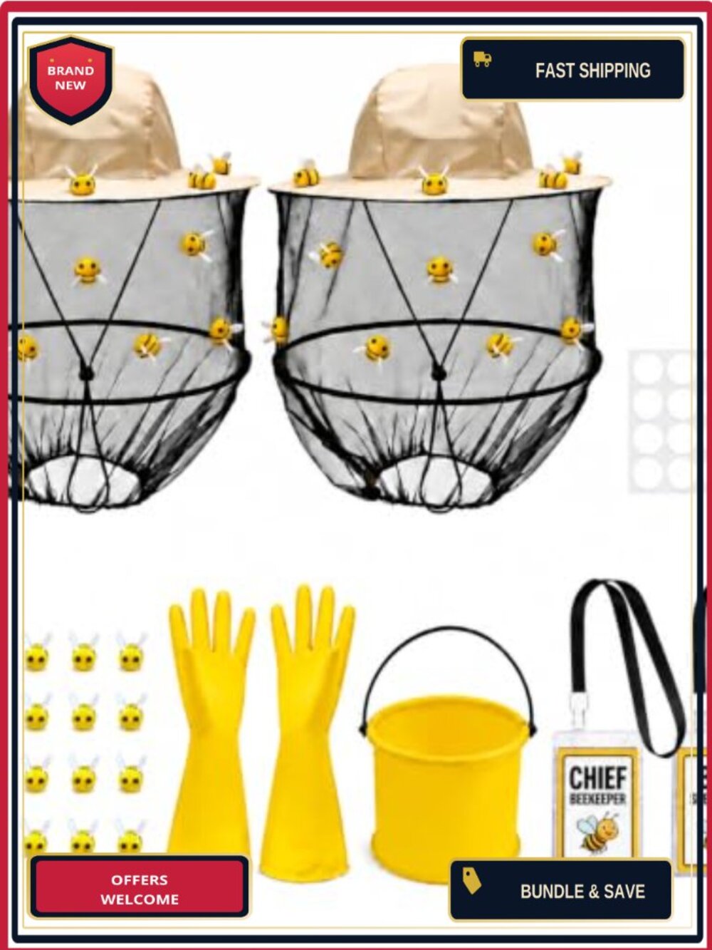 46 Pc Bee Keeper Costume Set Foldable Hats Veils Felt Bees Gloves Bucket